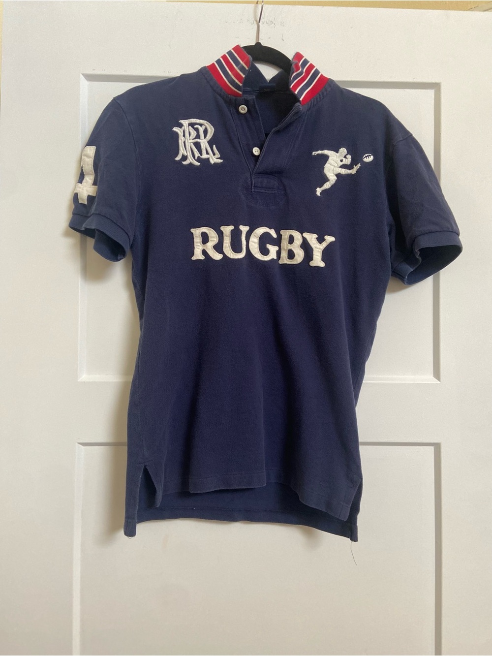 Ralph Lauren Navy Rugby Polo with White Appliqué and Red-Trim Collar - Picture 1 of 2